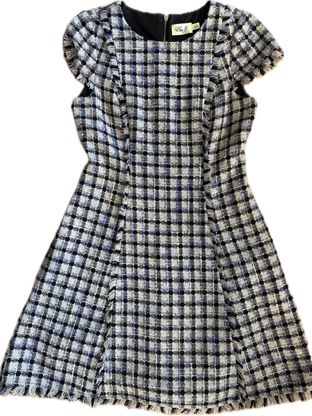 Eliza J Black, White & Blue Plaid Tweed Midi Dress - Picture 2 of 6